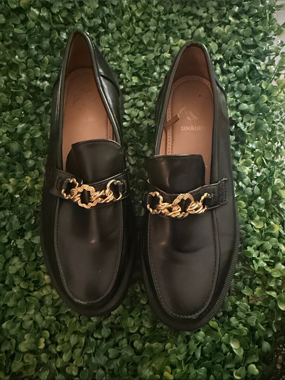 Sam & Libby Black Loafers with Gold Chain Detail